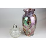 A vaseline glass vase together with a silver topped glass travelling scent bottle (a/f)