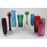 A Whitefriars kingfisher bark vase together with seven other similar coloured glass vases, tallest