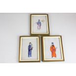 A set of three Chinese painted silk pictures of a scholar, a servant and a young woman, 9cm by 12.