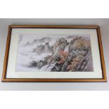 A Japanese print of a mountain landscape, signed, 51.5cm by 28cm