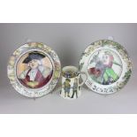 Two Royal Doulton character plates, The Jester and The Mayor, and a Royal Doulton Three Musketeers