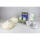 A Wedgwood Jasper ware biscuit barrel, a china tea set for five, a pair of bud vases and other