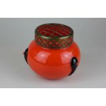 A Loetz Tango glass posy vase in orange with three contrasting black drops, 13cm high