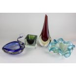 Four pieces of Venetian glass to include a gold flecked bowl, a red vase (a/f) and a similar