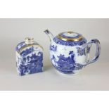 A Chinese blue and white teapot with gilt embellishment, together with a similar tea caddy (a/f - no