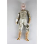 An English bisque porcelain bisque head and shoulder doll with painted features, leather body and