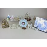 A collection of glass doll's house items including a bird cage, decanter set, wine glasses and other