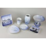 A Royal Copenhagen porcelain square dish titled Langelinie, together with six pieces of Bing &