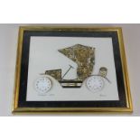 A collage picture of a Packard 1903 car by John Ammon, made out of clock and watch parts, framed,