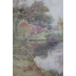 Alfred East (1849-1913), farm buildings and pond, watercolour, 52cm by 35cm