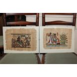 Two reproduction Egyptian oil paintings on papyrus showing a boat on the Nile and a man in a