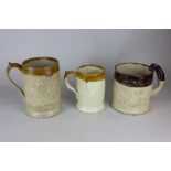 Three 19th century stoneware tankards embossed with scenes of hunting and revelry, one with a darker