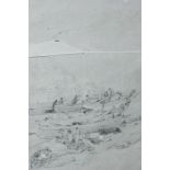 A 19th century pencil sketch of boats on a shore, possibly French, unsigned, 21.5cm by 27cm