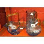 19th cent. French glass: Portieux blue basket with amber twist handle, blue dimple water jug with