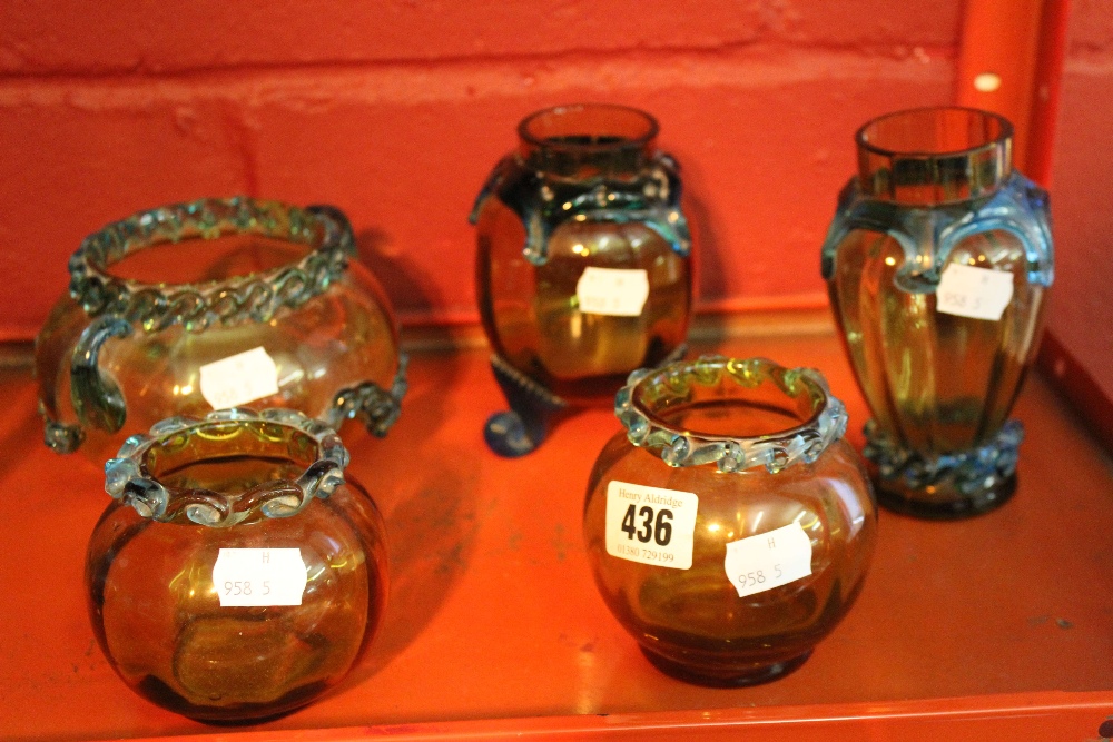 19th cent. French glass: Portieux amber vases, with blue overlay decoration. 5 Vases.