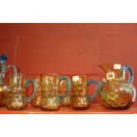 19th cent. French glass: Portieux amber glass jug, blue twist handle and 6 matching blue handle