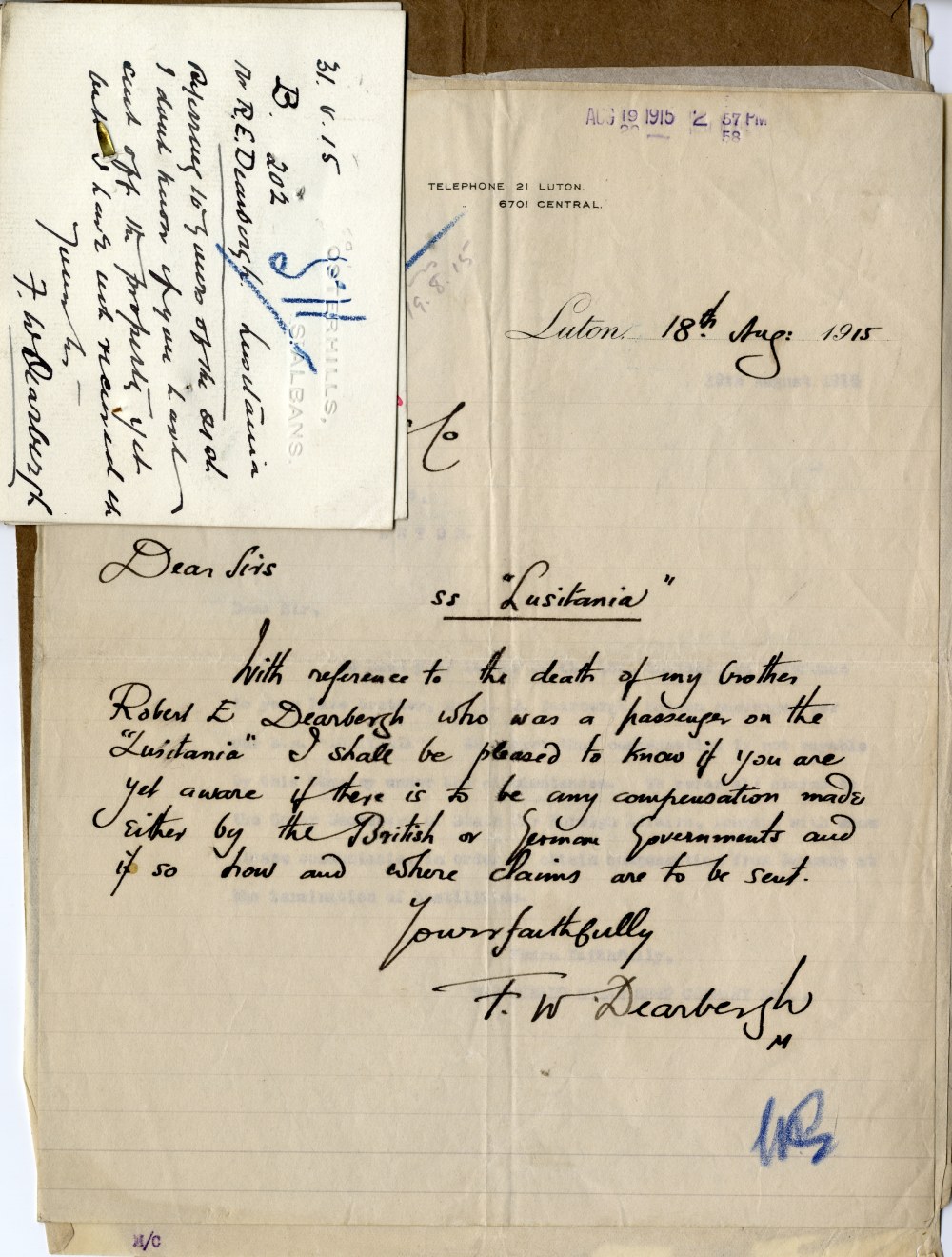 CUNARD: Rare archive of correspondence relating to the loss of Mr R. E. Dearbergh, a saloon