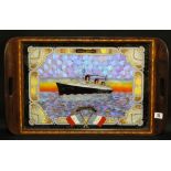 NORMANDIE: Shipboard souvenir tray, cross banded, mahogany surround with a depiction of a liner at