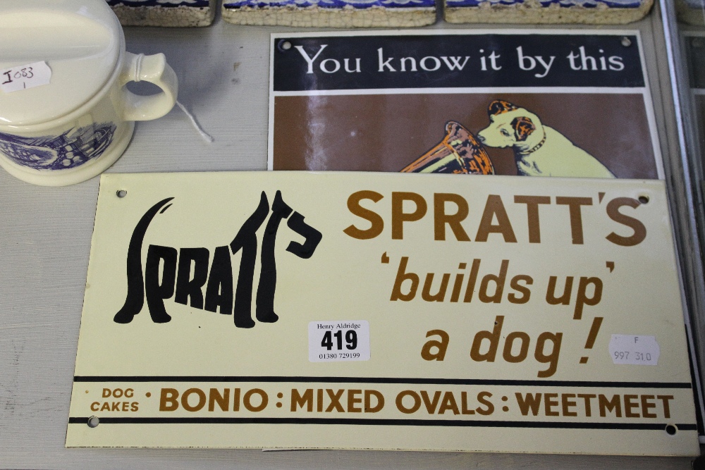 Advertising: Enamel tin plate signs 'Spratts Bonio' and 'HMV' both repro.