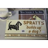 Advertising: Enamel tin plate signs 'Spratts Bonio' and 'HMV' both repro.