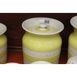 T.G. Green Cornish ware: Yellow and white storage jars 1 x 7", 1 x 6", 2 x 5", 2 x 3½" (one with a