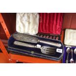 Hallmarked silver: Fish servers, London 1861, boxed, 11 butter knives with silver handles, boxed and