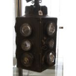 19th cent. Five sided mast lamp, black Japanned body with 15 bulls eye rummer base lenses. Approx.