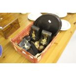 Early 20th cent. Ebonised oval tray, trinket pots and cloths brush, black treen box with prints of