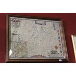 Maps: John Speed 17th cent. hand coloured map of Leicester. Framed and glazed.