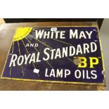 Automobilia: White, May and Royal Standard BP. lamp oils double sided enamel sign. White, blue,