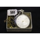 Early 19th cent. Silver cased pocket watch, white enamel face, Roman numerals. The fusee movement