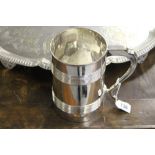 Early 20th cent. Quart tankard, plated on copper, ringed decoration unmarked.