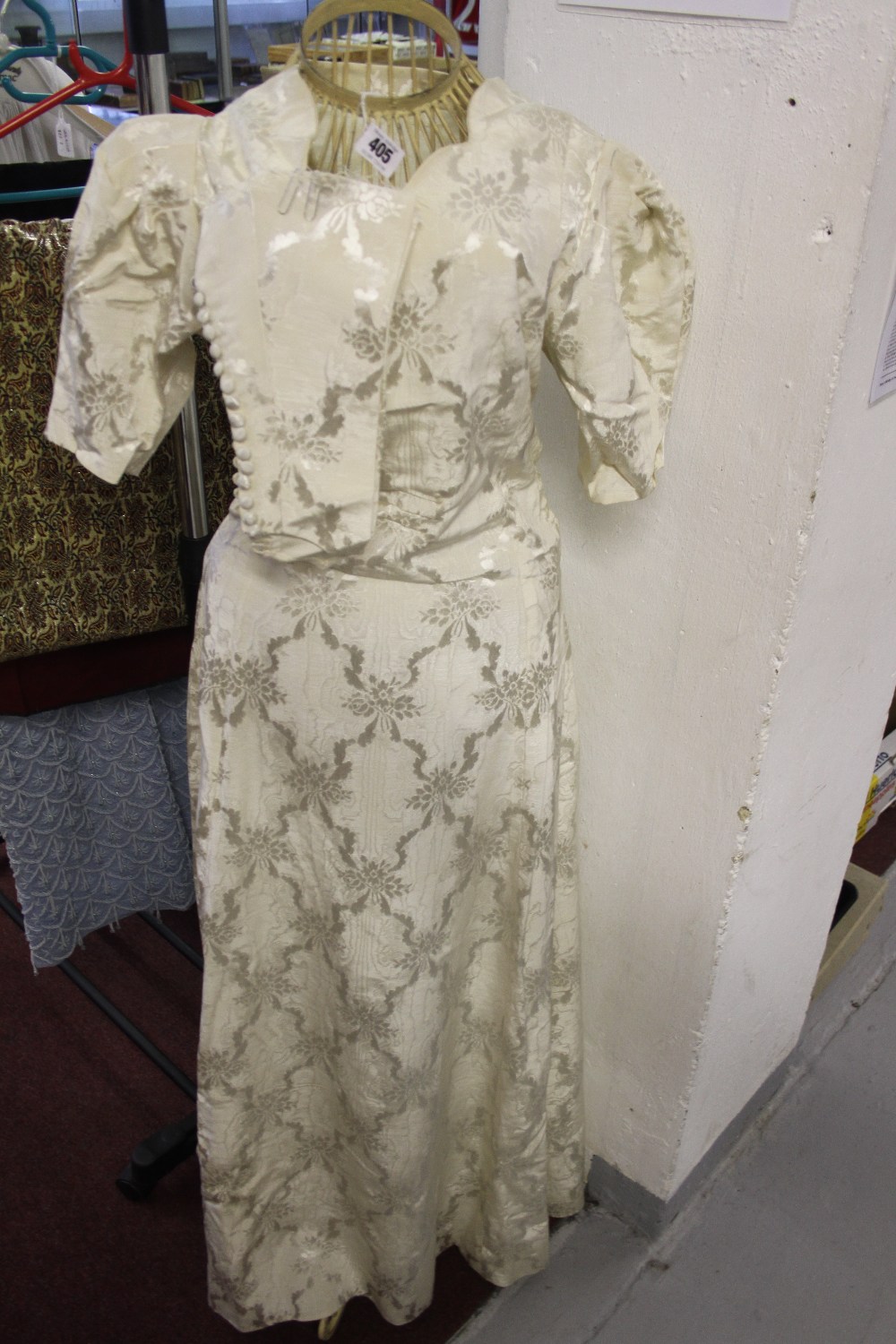 Textiles: 1930/40s Wedding dress, elbow length sleeves, heart shape neck line, panel skirt with