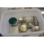 Hallmarked silver: Patch box, snuff box, pepper shaker, cylindrical lipstick holder, scent bottle