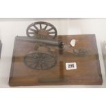 Military presentation brass cannon on a treen carriage & mounted on a plaque presented to WO1 J.M.