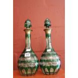 Hallmarked silver & glass decanters, green ground with clear glass, insert decoration, silver collar