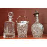 Hallmarked silver: Cut glass decanter with silver collar, London + 1 other cut glass decanter and