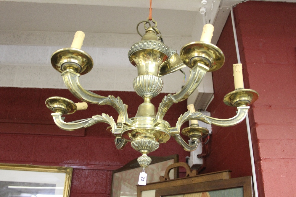 19th cent. French chandelier, brass with 6 branches converted to electric.
