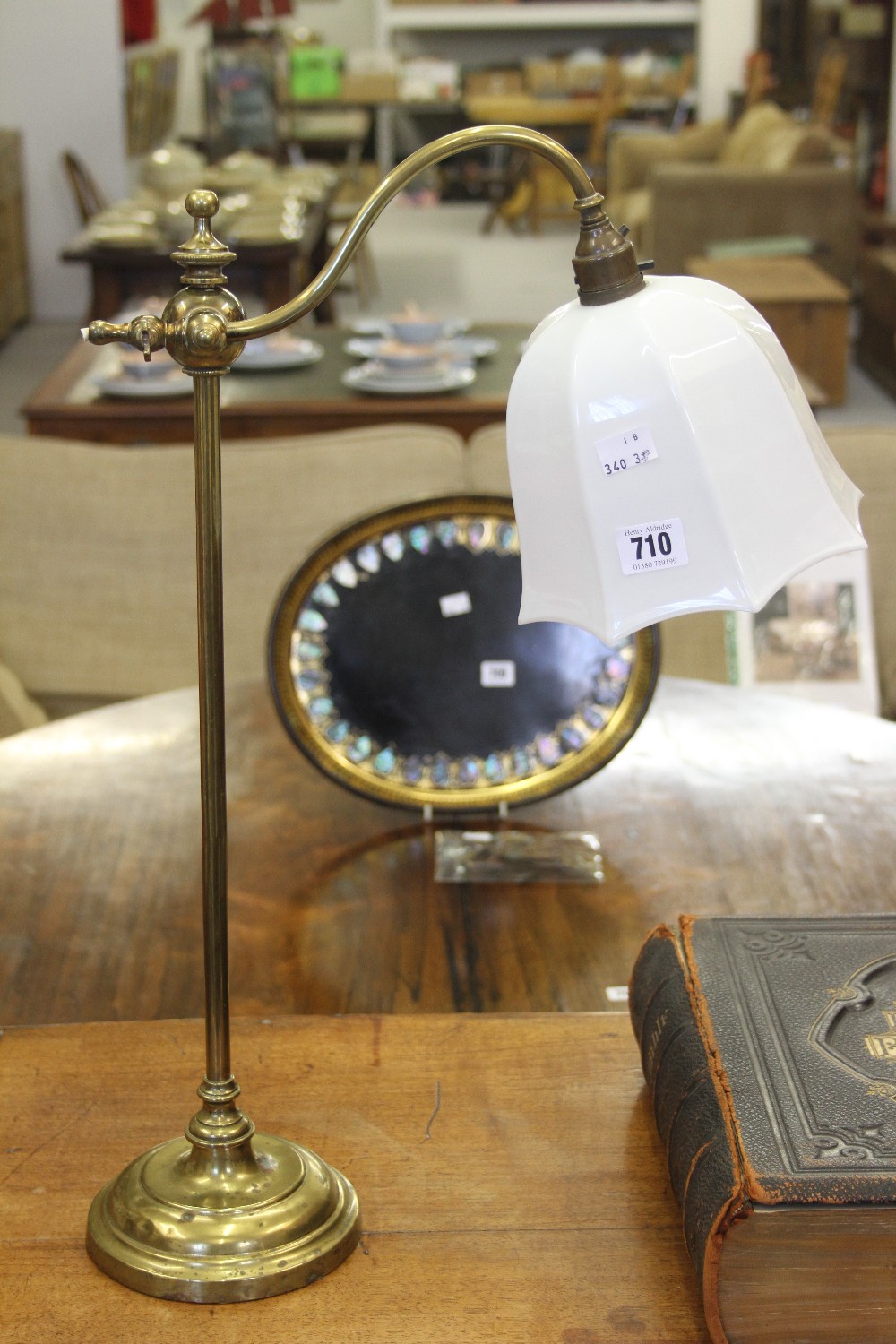 Art deco style brass adjustable table lamp with white shade. Needs re-wiring.