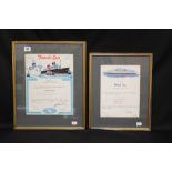 OCEAN LINER: Agent's authority certificates for GT French Line 1959 and 1964. Framed and glazed. (