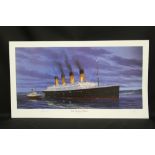 OCEAN LINER PRINTS: Simon Fisher "Dusk Cherbourg Harbour", signed by Millvina Dean. "Lusitania at