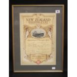 OCEAN LINER: Agent's authority certificates for New Zealand Shipping Co., circa 1931. Framed and