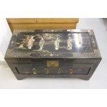 20th cent. Chinese blanket box, black lacquer and mother of pearl style decoration. 36ins. x 19ins.