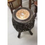 Oriental hardwood marble top plant stand. 20ins.