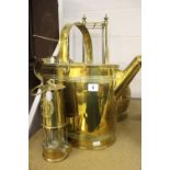 Brass ware 19th cent & later: Coal scuttle, watering can, stick stand and a Davey safety lamp.