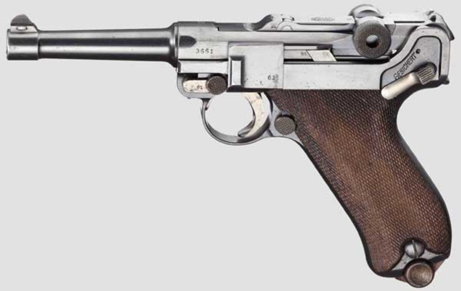 A Pistol 08, DWM 1913, without a hold-open, two magazines, with hardshell   Cal. 9 mm Parabellum,