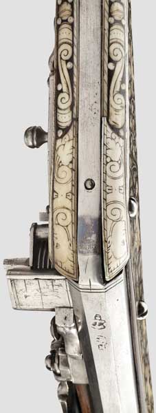 A bone-inlaid wheellock puffer, Nuremberg, circa 1570/80   Two-stage barrel, octagonal then round - Image 8 of 9