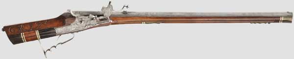 A heavy wheellock rifle, Balthasar Zellner in Salzburg, circa 1730   Heavy octagonal barrel,