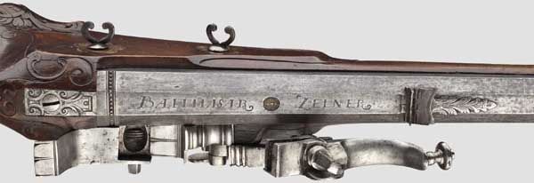 A heavy wheellock rifle, Balthasar Zellner in Salzburg, circa 1730   Heavy octagonal barrel, - Image 3 of 4