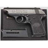 Pistole Basque, in Box   Kal. 7,65 mm, Nr. 88707. Nummerngleich. Blanker Lauf. Siebenschüssig.